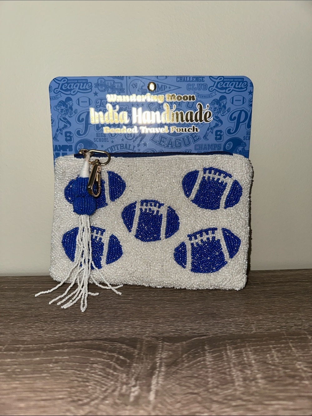 NWT Viral Beaded Blue Football Travel Pouch